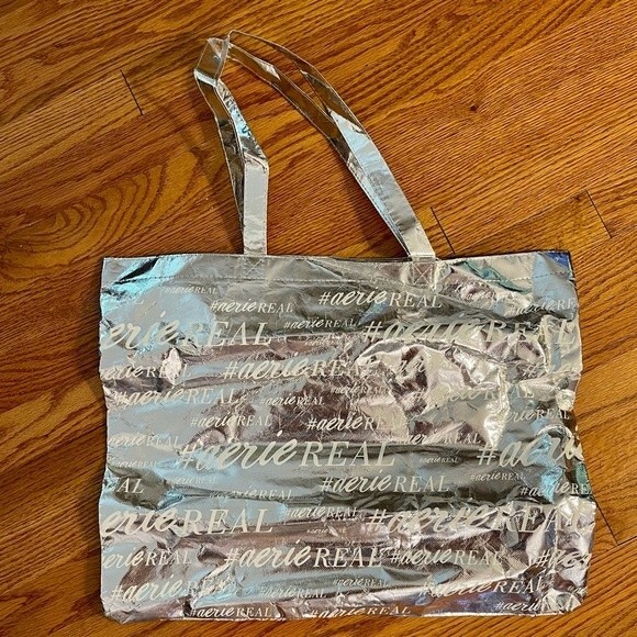Aerie | NWT Silver Metallic Logo Tote Bag - Picture 2 of 7